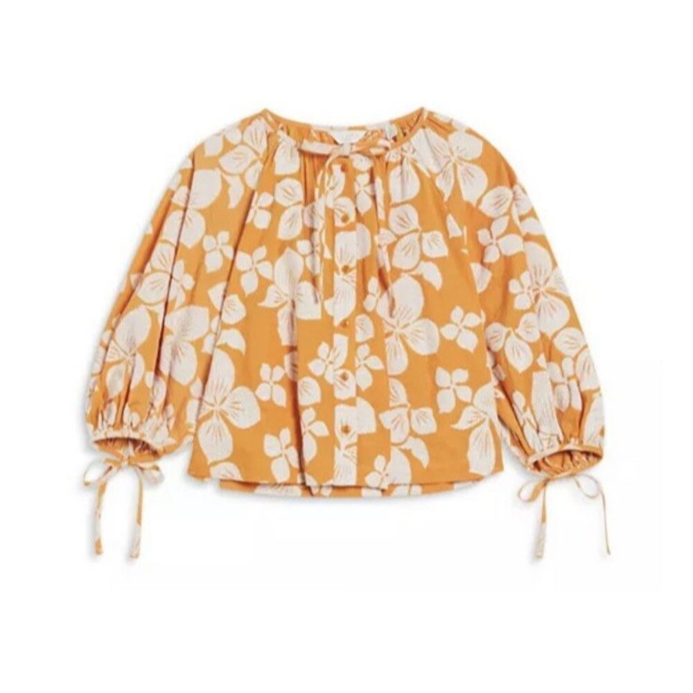 Ted Baker London Madia Orange White Floral Puff Sleeve Tie Cuff Blouse Size 1